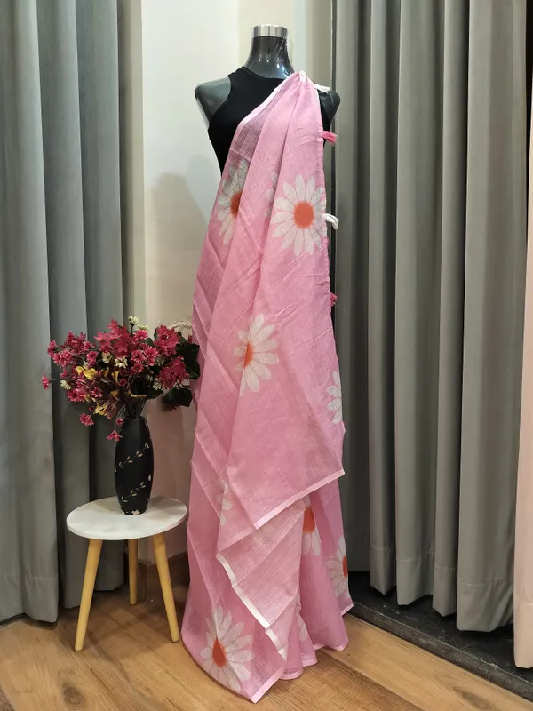 Baby_Pink_Sunflower_Print_Mul_Cotton_Saree_For_Women