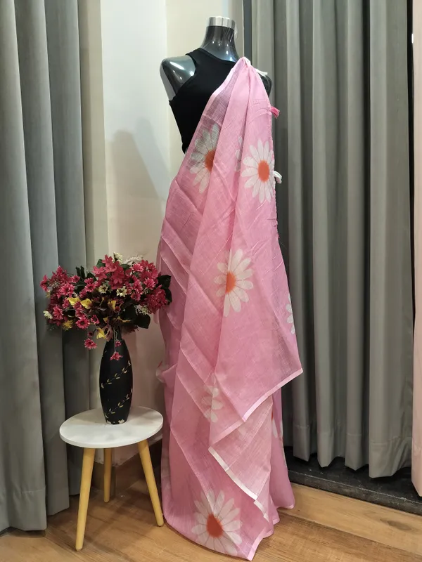 Baby_Pink_Sunflower_Print_Mul_Cotton_Saree_For_Women