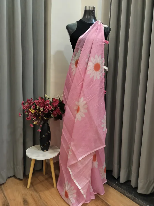 Baby_Pink_Sunflower_Print_Mul_Cotton_Saree_For_Women