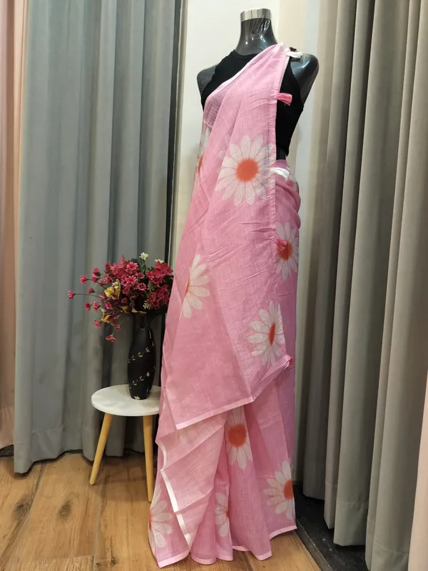 Baby_Pink_Sunflower_Print_Mul_Cotton_Saree_For_Women