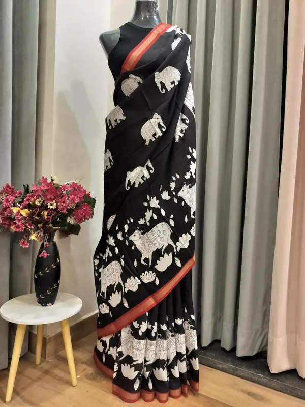 Black_Nandi_Shiv_Kalamkari_Saree_For_Women