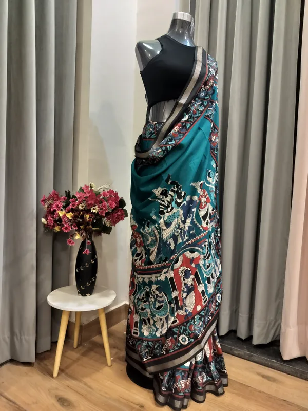 Blue_Kalamkari_Elephant_Parade_Saree_For_Women