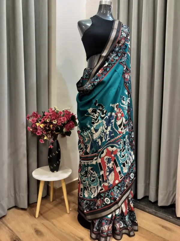 Blue_Kalamkari_Elephant_Parade_Saree_For_Women