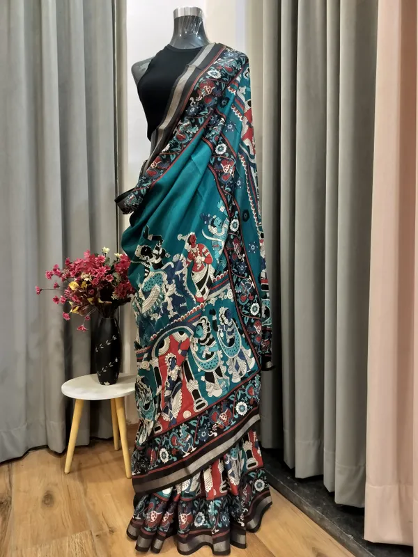 Blue_Kalamkari_Elephant_Parade_Saree_For_Women