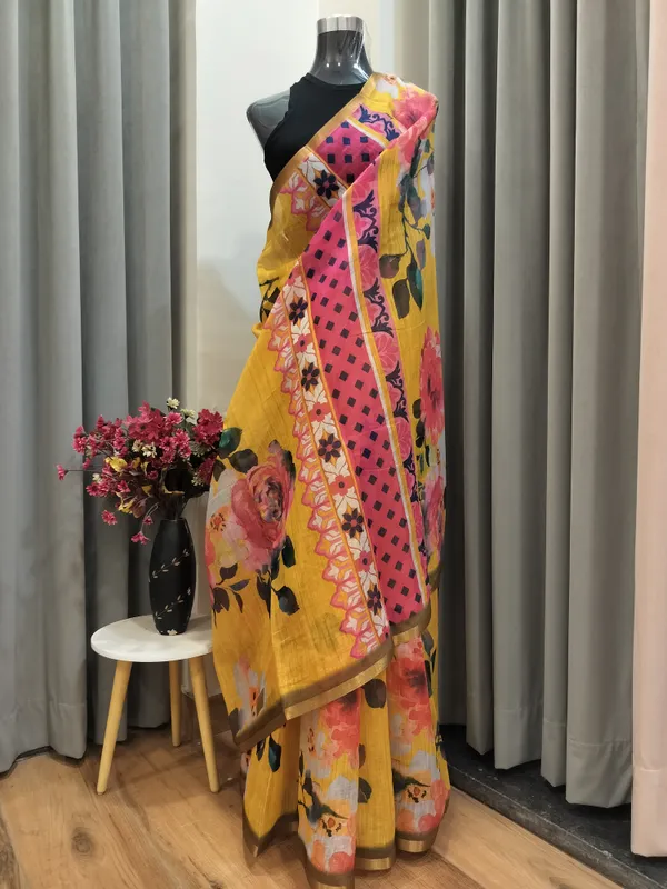 Bright_Yellow_Velvet_Mul_Cotton_Saree_For_Women