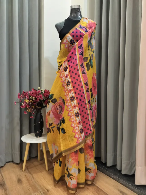 Bright_Yellow_Velvet_Mul_Cotton_Saree_For_Women