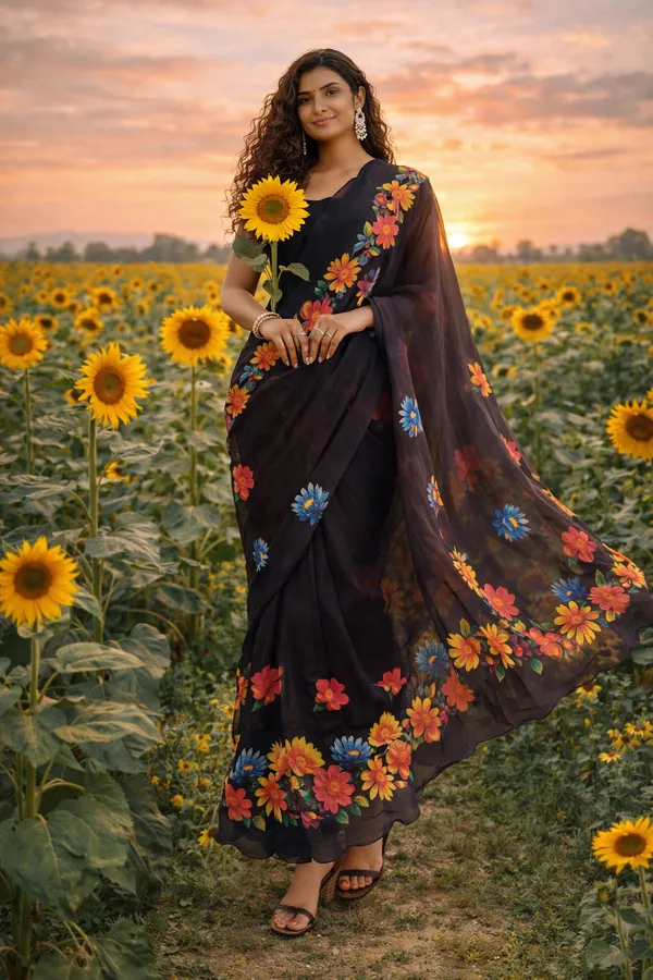 Black_Cotton_Floral_Gaze_Saree_For_Women