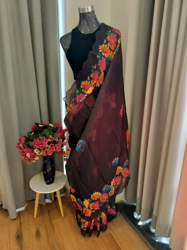 Black_Cotton_Floral_Gaze_Saree_For_Women