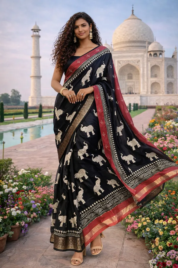 Black_Mulcotton_Kalamkari_Gajraj_Saree_For_Women