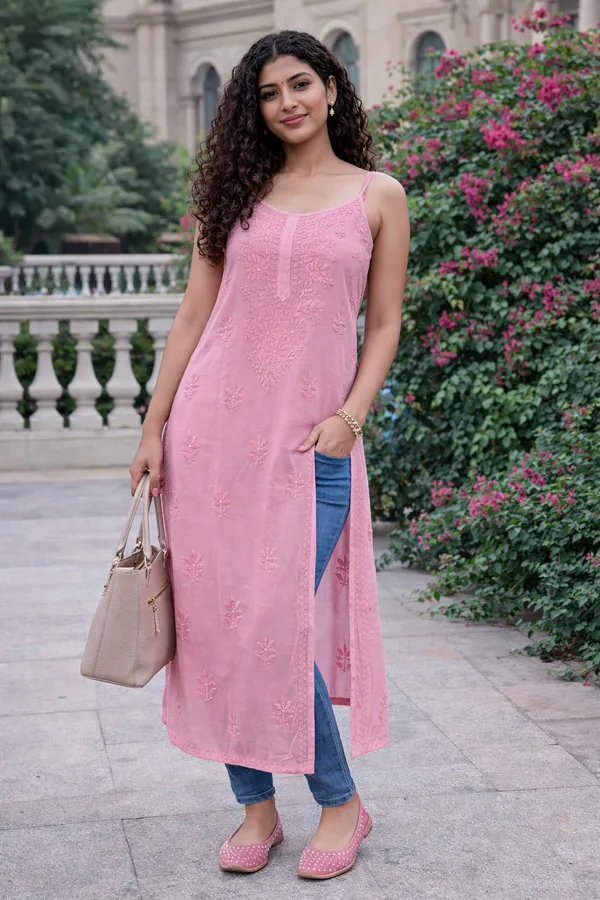 Baby_Pink_Modal_Noodle_Strap_Chikankari_Kurti