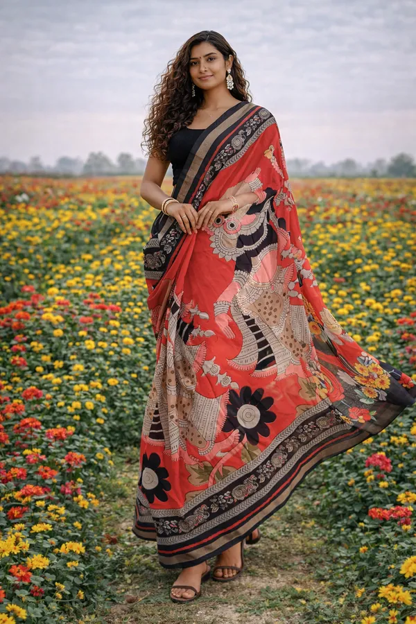 Red_Mythic_Art_Drape_Kalamkari_Saree_For_Women