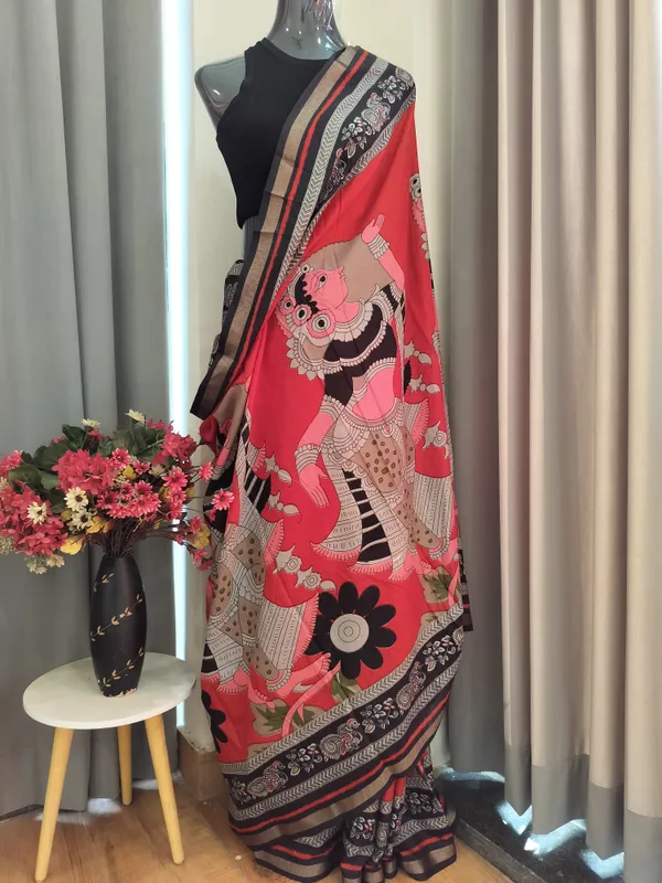 Red_Mythic_Art_Drape_Kalamkari_Saree_For_Women