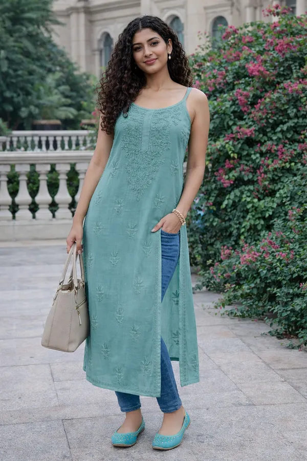 Turquoise_Green_Modal_Noodle_Strap_Chikankari_Kurti