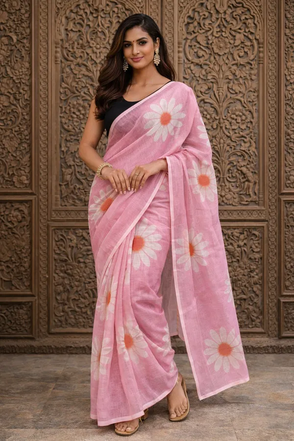 Baby_Pink_Sunflower_Print_Mul_Cotton_Saree_For_Women