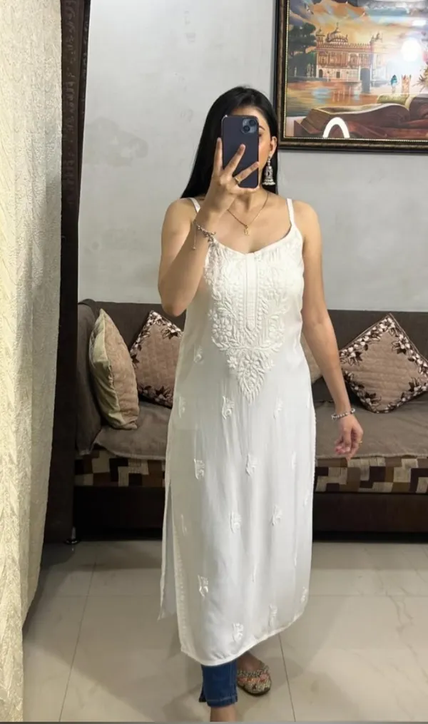 White_Modal_Noodle_Strap_Chikankari_Kurti