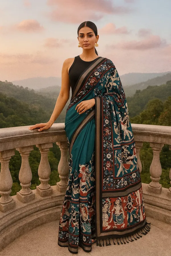 Blue_Kalamkari_Elephant_Parade_Saree_For_Women