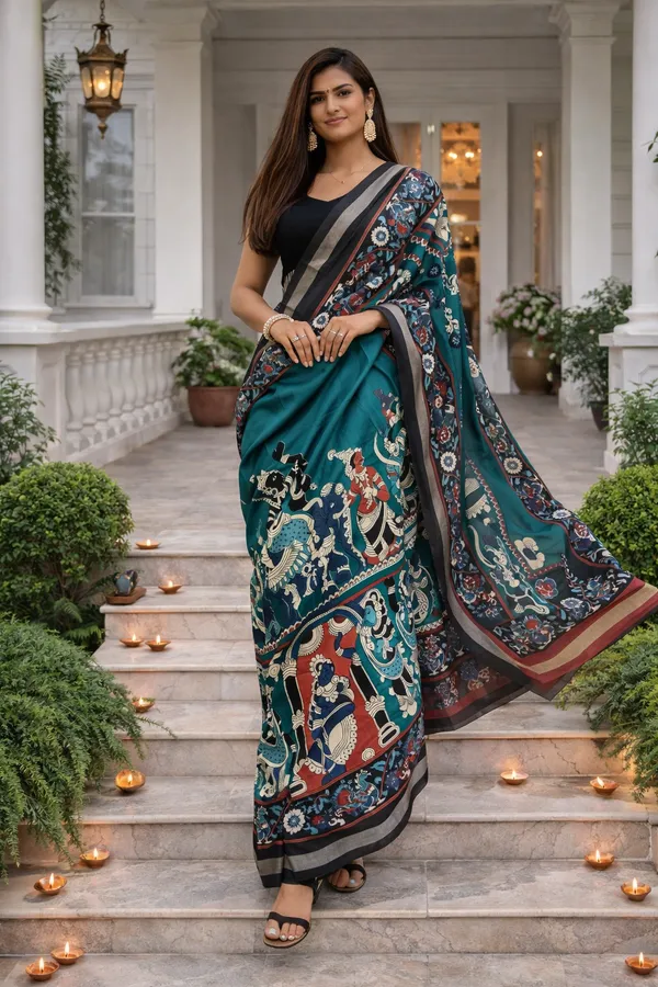 Blue_Kalamkari_Elephant_Parade_Saree_For_Women