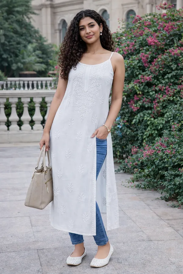 White_Modal_Noodle_Strap_Chikankari_Kurti