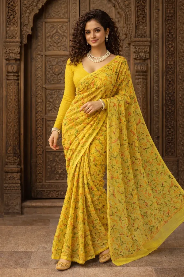 Yellow_Multithread_Tepchi_Chikankari_Saree