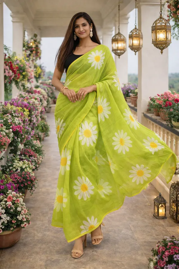 Lime_Green_Sunflower_Print_Mul_Cotton_Saree_For_Women