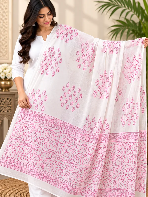 White_Base_Pink_Printed_Dupatta