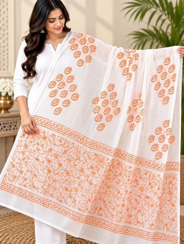 White_Base_Orange_Printed_Dupatta