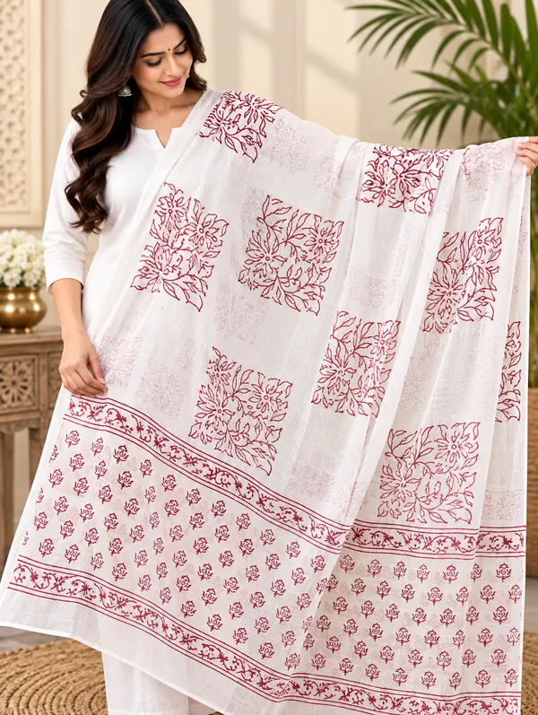 Cotton_White_Base_Mroon_Printed__Dupatta
