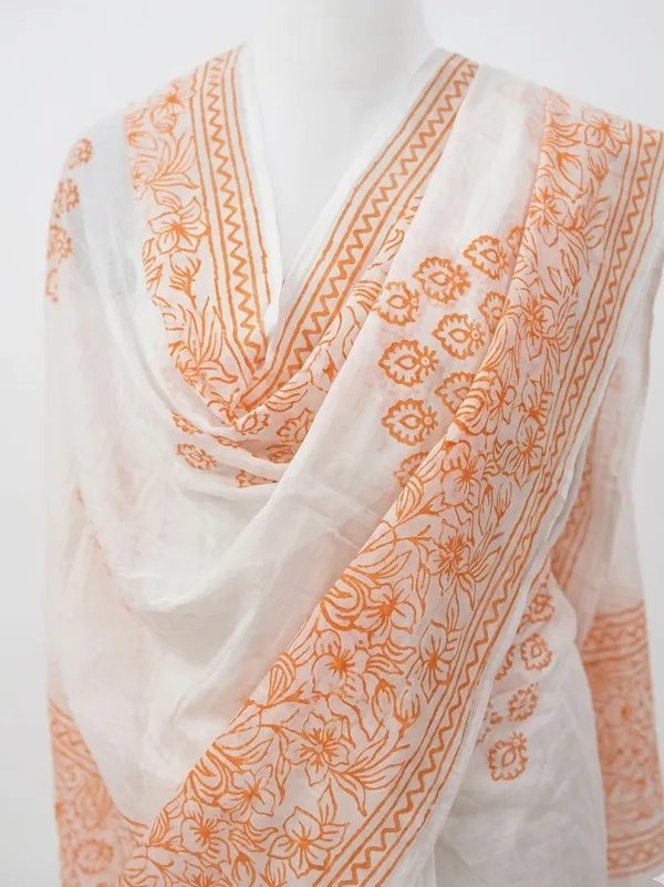 White_Base_Orange_Printed_Dupatta