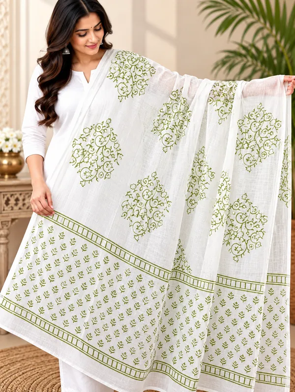White_Base_Green_Printed_Dupatta