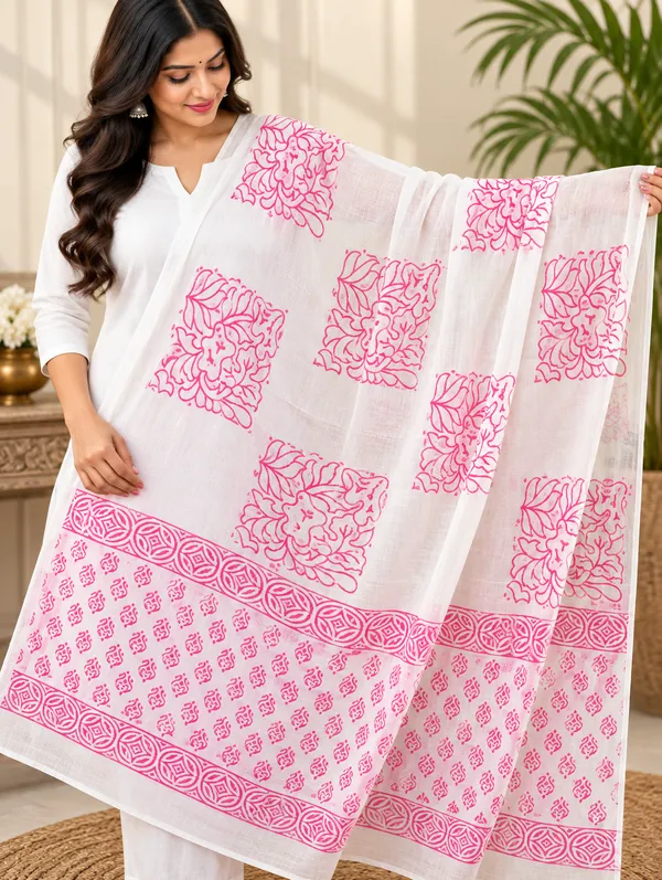 White_Base_Pink_Printed_Dupatta
