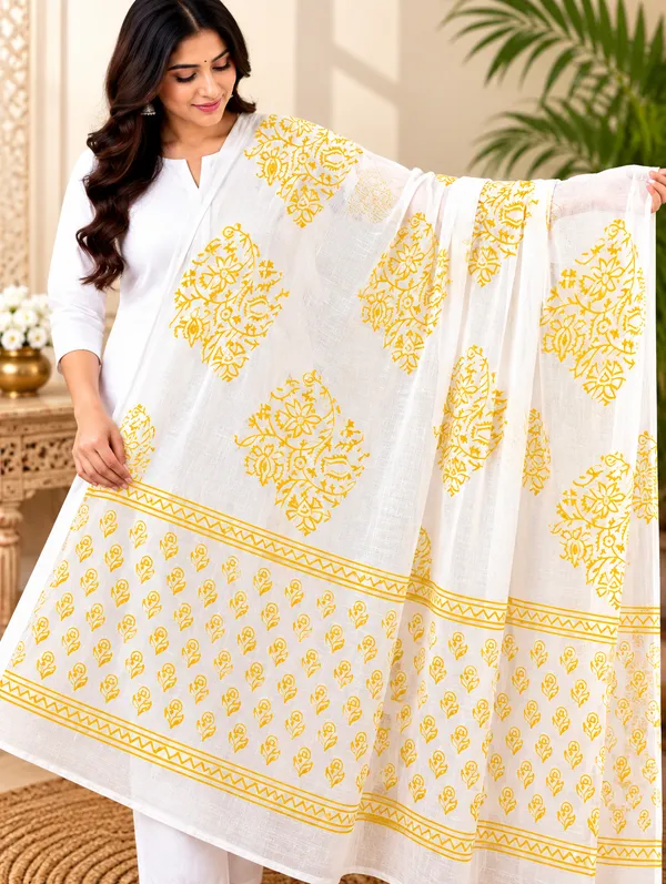 White_Base_Yellow_Printed_Dupatta