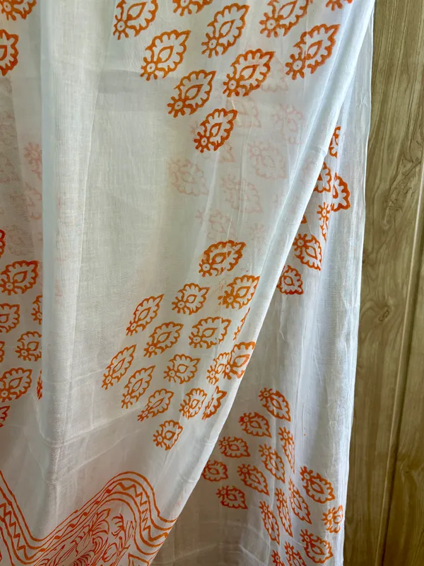 White_Base_Orange_Printed_Dupatta