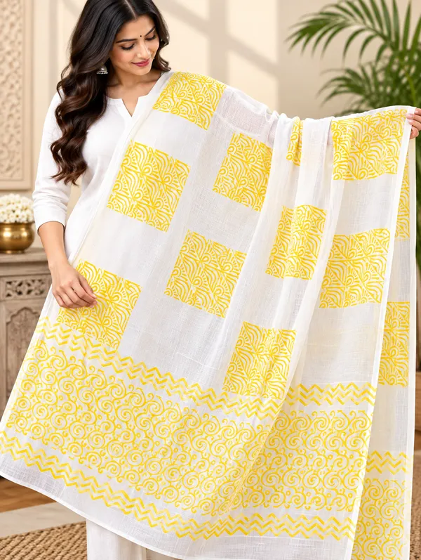 White_Base_Yellow_Print_Cotton_Dupatta