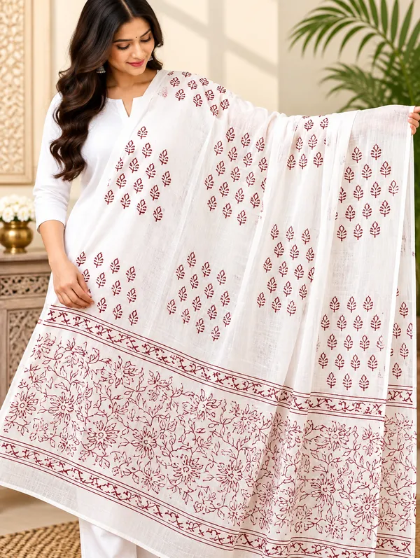 White_Base_Maroon_Printed_Dupatta