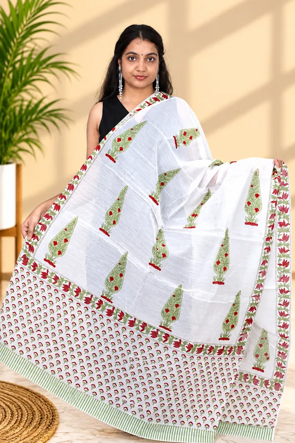 White_Hand_Block_Print_Cotton_Dupatta_For_Women
