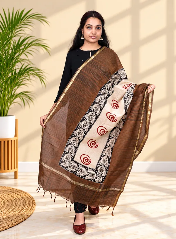 Brown_Chanderi_Fancy_Bagru_Print_Premium_&_Elegant_Dupatta_For_Women