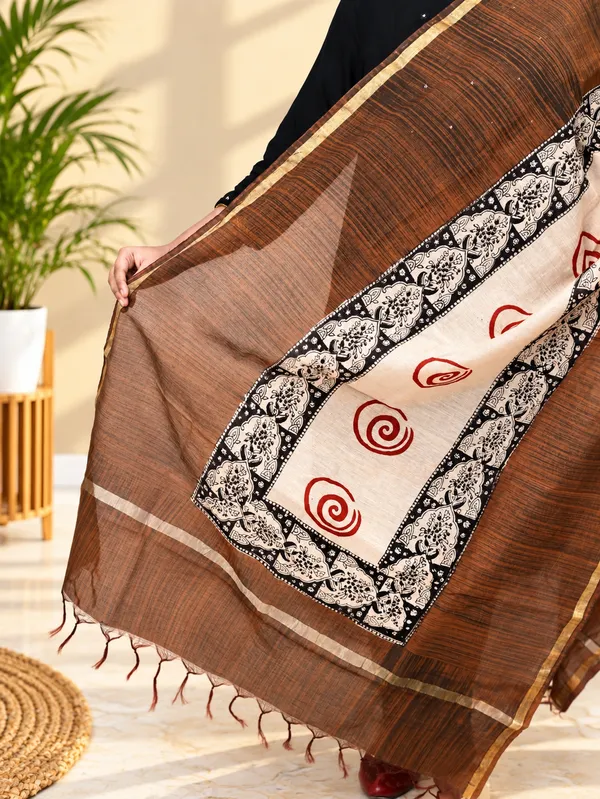 Brown_Chanderi_Fancy_Bagru_Print_Premium_&_Elegant_Dupatta_For_Women