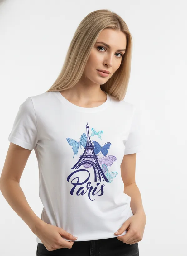 Women_round_neck_Tshirt__Paris_-_butterflies
