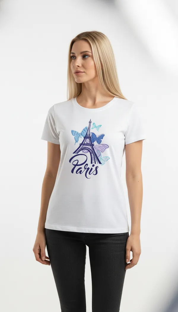 Women_round_neck_Tshirt__Paris_-_butterflies