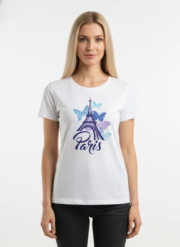 Women_round_neck_Tshirt__Paris_-_butterflies