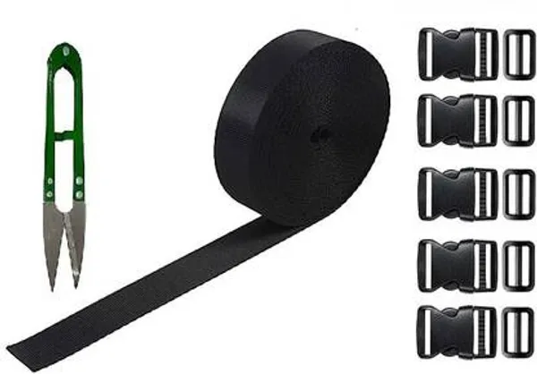 Nylon_Webbing_Strap_10meter_roll_with_5_Buckles,_5_Adjuster_and_1_Thread_Cutter_for_Backpack_Repairing,_Luggage_Fastening_Strap,_Pet_Collar_Making,_Hiking_and_More_(Black)_(1_inch)