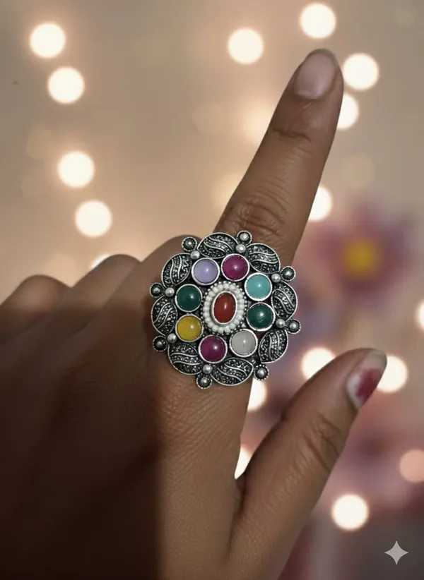 Silver_Phool_Pankh_Oxidized_Floral_Tribal_Style__&_Classic_Oxidized_Simple_Elegant_Design_Ring_For_Women