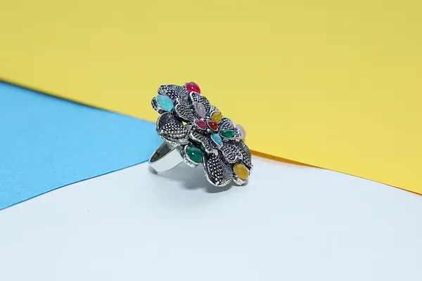 Silver_Boho_Oxidized_Tribal_Charm_Bracelet_&_Oxidized_Statement_Unique_Handmade_Design_Ring_For_Women