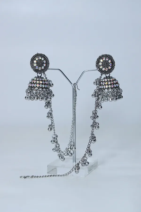 Silver_Long_Jhumka_Bahubali_Baliyan_Jhumka_Hair_Chain_Oxidized_Metal_Earring_Set_For_Women