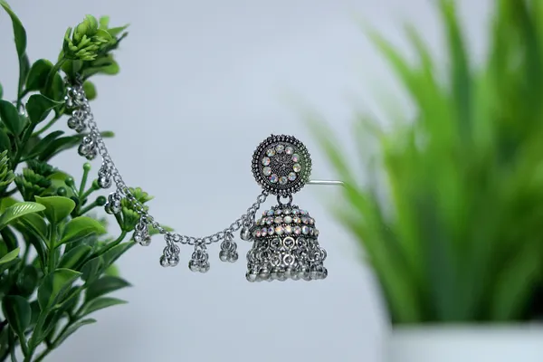 Silver_Long_Jhumka_Bahubali_Baliyan_Jhumka_Hair_Chain_Oxidized_Metal_Earring_Set_For_Women