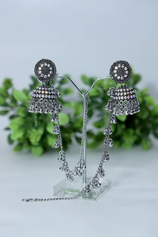 Silver_Long_Jhumka_Bahubali_Baliyan_Jhumka_Hair_Chain_Oxidized_Metal_Earring_Set_For_Women