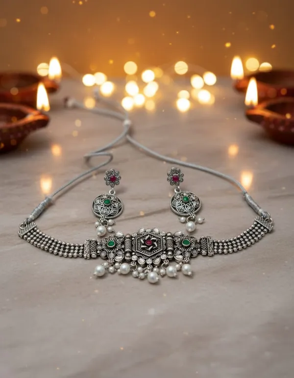 Silver_Oxidized_Statement_Design_Necklace_Earring_Set_For_Women