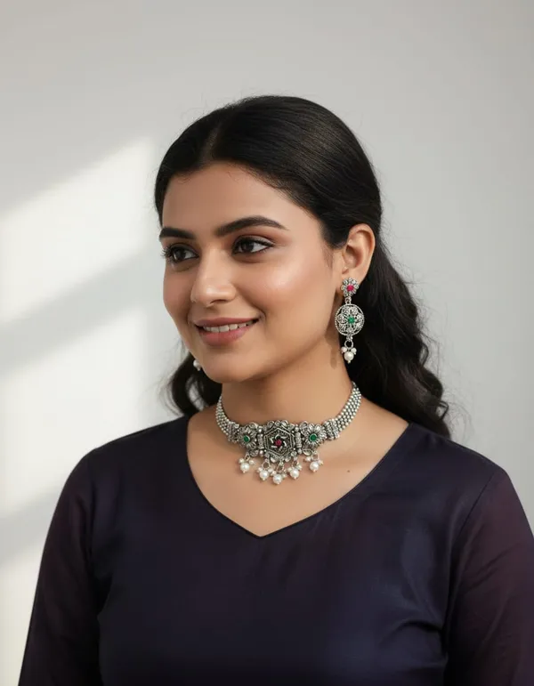 Silver_Oxidized_Statement_Design_Necklace_Earring_Set_For_Women