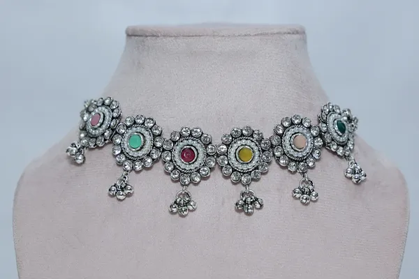 Silver_Oxidized_Ethnic_Charm_Necklace_Earring_Set_For_Women