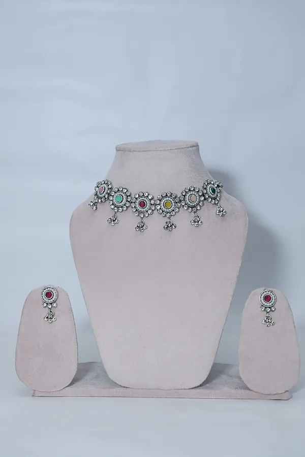 Silver_Oxidized_Ethnic_Charm_Necklace_Earring_Set_For_Women